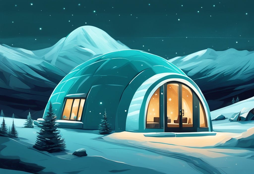 Modernes digitales Gemälde einer Panoramaansicht eines Iglu Hotels in einer verschneiten Landschaft unter einem sternenklaren Nachthimmel, Hauptfarbe Türkis.