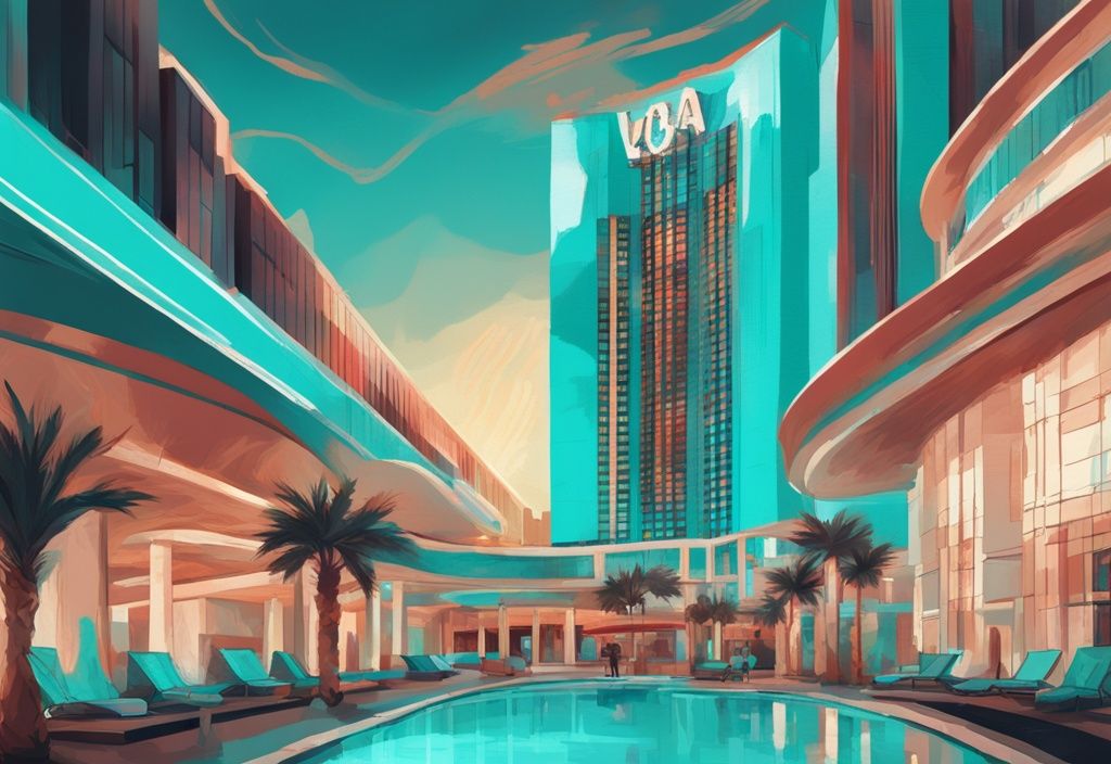 Moderne digitale Illustration eines luxuriösen Resorts in Las Vegas mit Hauptfarbthema Türkis und einem digitalen Bildschirm, der die Resortgebühr Las Vegas anzeigt.