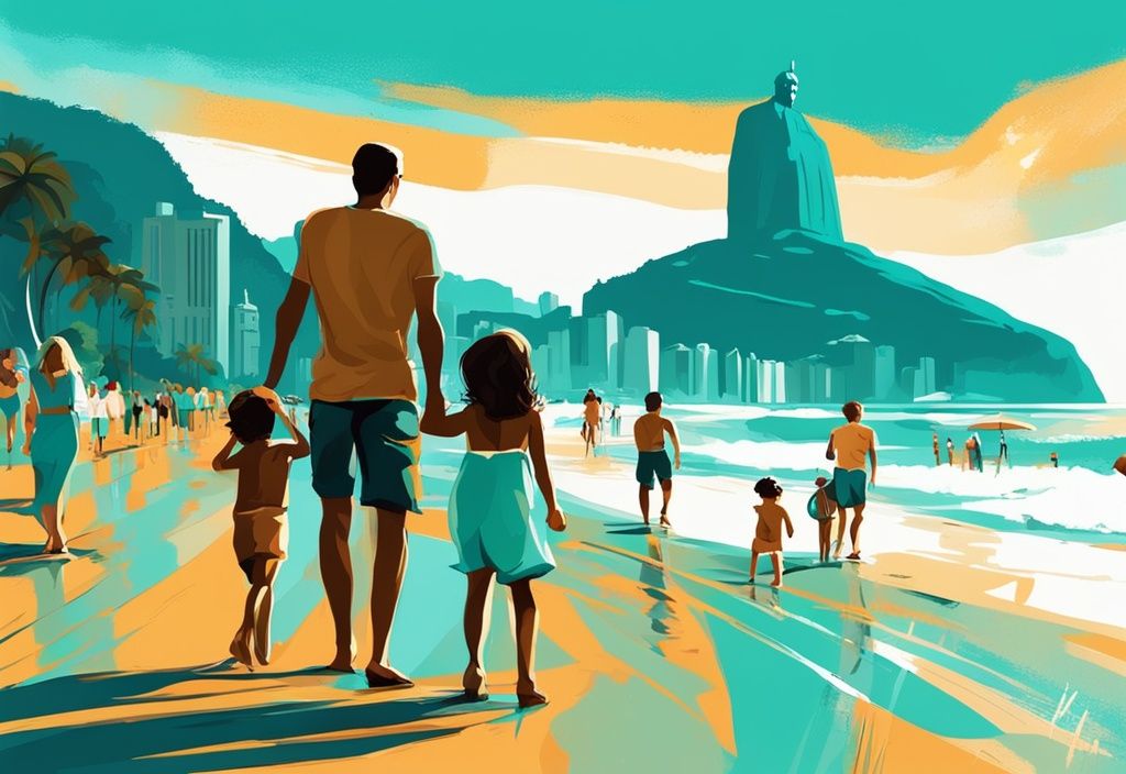 Moderne digitale Malerei, Familie genießt die Sonne am Copacabana-Strand mit Christusstatue im Hintergrund, urlaub in brasilien