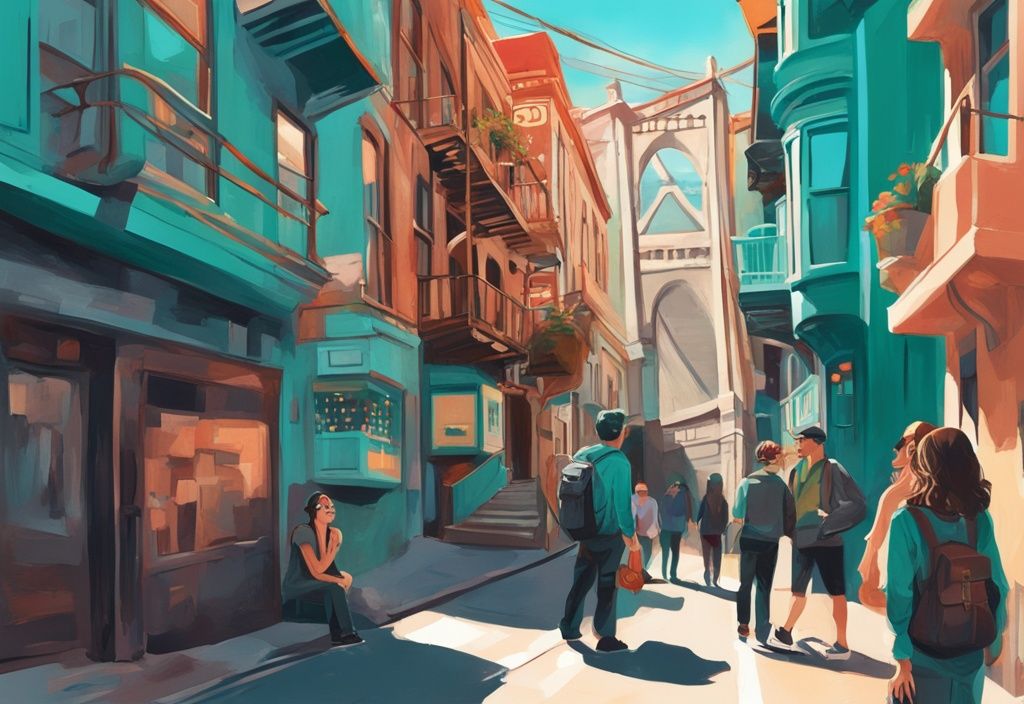 Digitale Illustration eines lokalen Guides, der Touristen versteckte Juwelen in San Francisco zeigt, darunter eine geheime Gasse mit Wandmalereien, einen gemütlichen Buchladen und einen weniger bekannten Aussichtspunkt auf die Golden Gate Bridge, in Türkis gehalten.