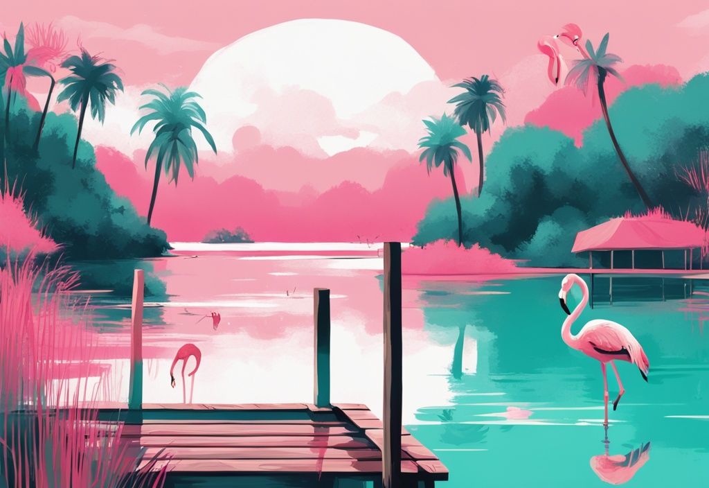 Moderne digitale Malerei mit türkisfarbenem Thema, ein ruhiger pinker See umgeben von üppigem Grün, ein kleiner Holzsteg ragt ins Wasser, ein paar Flamingos waten an der Küste.