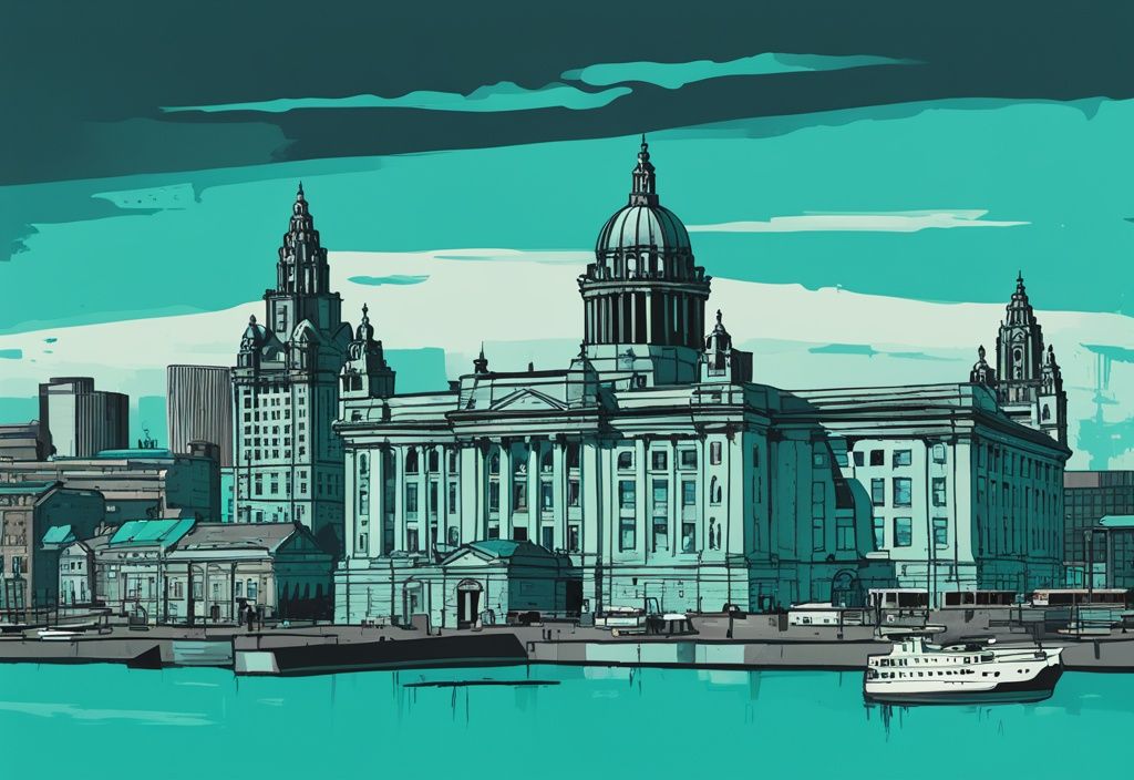 Moderne digitale Malerei des Liverpooler Stadtbildes in Türkis, mit Wahrzeichen wie dem Royal Liver Building, der Liverpool Cathedral und dem Albert Dock, sehenswürdigkeiten liverpool.