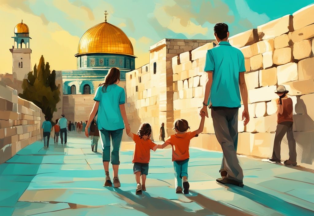 Moderne digitale Malerei, Familie erkundet die historische Klagemauer in Jerusalem bei Sonnenuntergang, Hauptfarbe Türkis