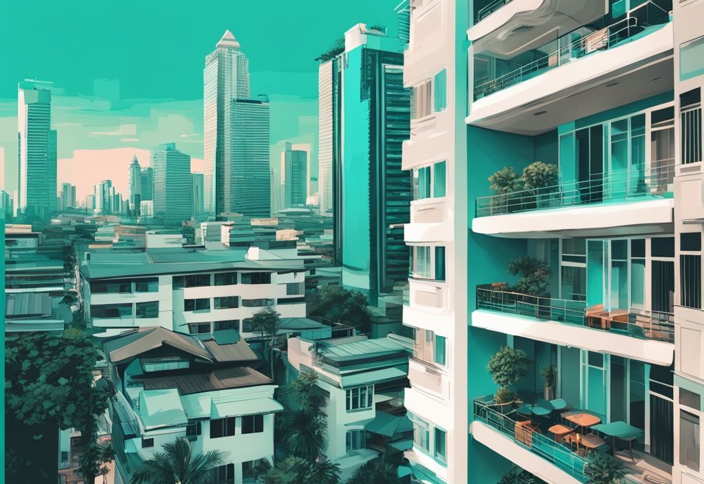 Moderne digitale Malerei einer gemütlichen Airbnb-Wohnung mit Balkonblick auf die belebte Stadtlandschaft von Bangkok, Thailand, in Türkistönen