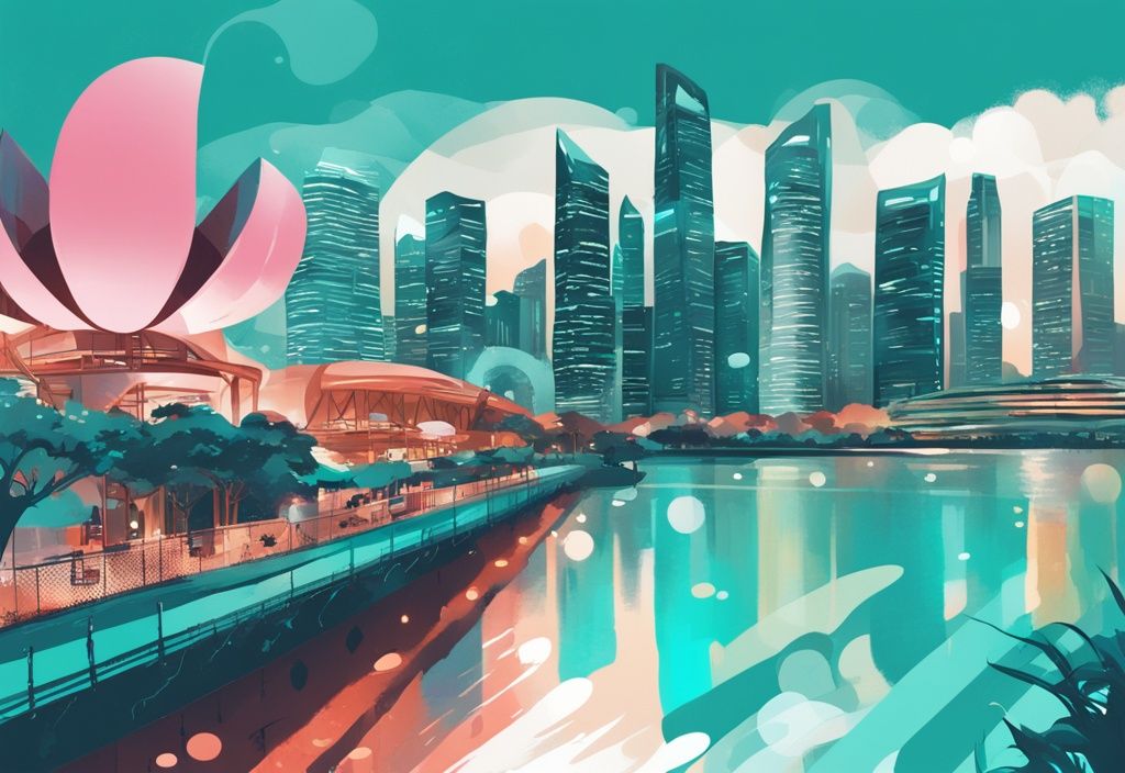 Moderne digitale Malerei von Singapurs Skyline in Türkis mit Infografik-Tipps für Stadterkundung