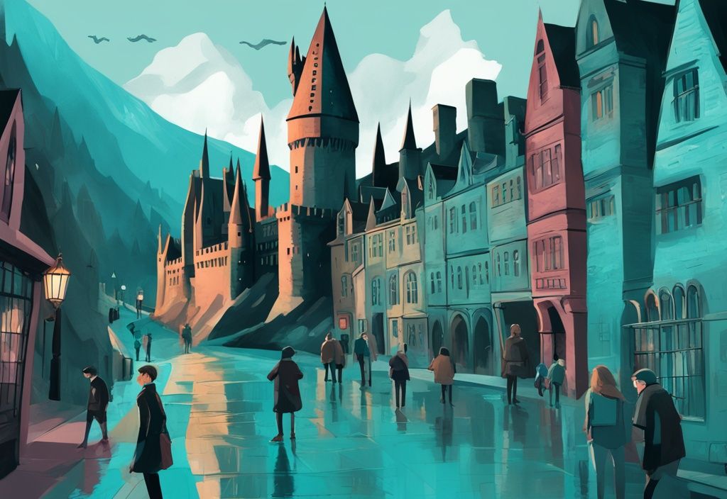 Moderne digitale Malerei mit türkisfarbenem Thema, zeigt ikonische Harry Potter Drehorte wie Hogwarts Schloss, Hagrids Hütte und die Winkelgasse.