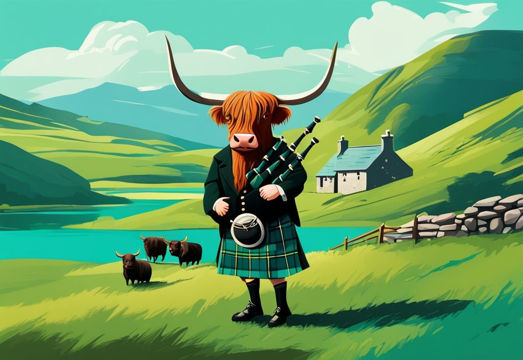 Typisch schottisch: Moderne digitale Malerei einer schottischen Landschaft mit grünen Highlands, traditionellem Steinhaus mit Strohdach, weidendem Highland-Rind und einem Mann im Kilt, der Dudelsack spielt.