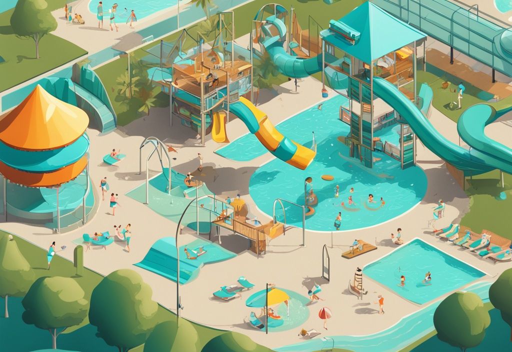 Moderne digitale Illustration von Aktivitäten im Schloss Dankern, einschließlich Wasserpark, Indoor-Spielplatz und Outdoor-Abenteuerbereich, Hauptfarbe Türkis.