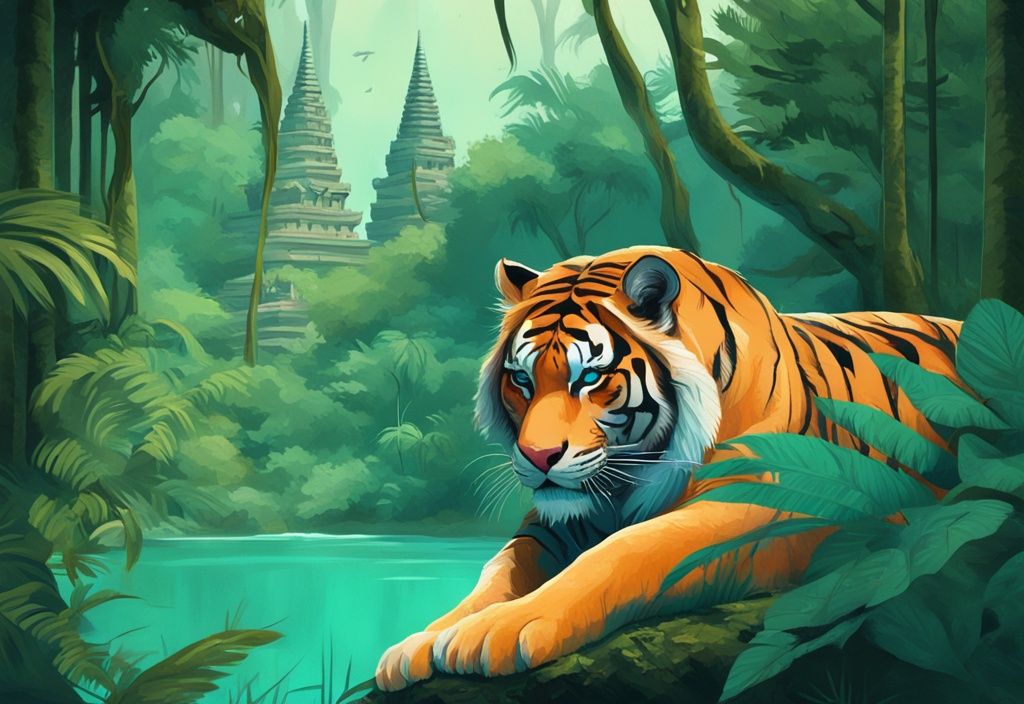 Majestätischer Tiger Thailand in türkisfarbener digitaler Malerei, entspannt im üppigen Grün des thailändischen Dschungels mit antiken Tempeln im Hintergrund.