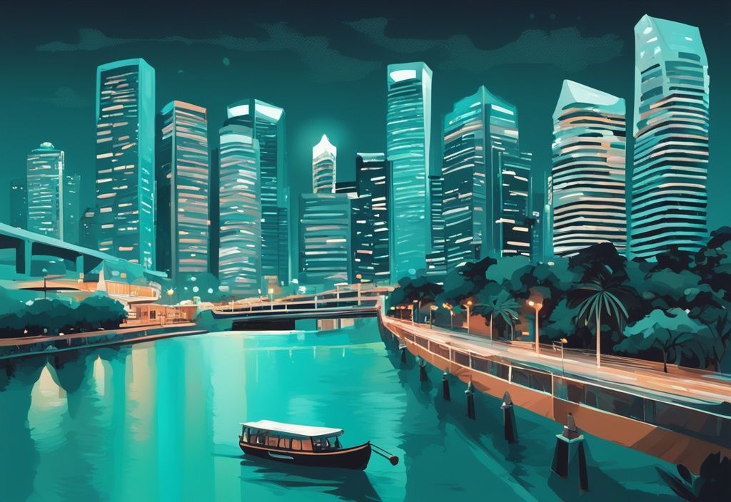 Moderne digitale Malerei von Singapur mit Tag-Nacht-Übergang und beliebten Sehenswürdigkeiten über mehrere Tage hinweg - singapur wie viele tage