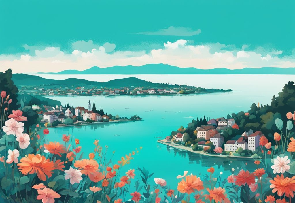 Moderne digitale Malerei einer blumeninsel bodensee in Türkis, mit blühenden Blumen und ruhigem Wasser unter klarem Himmel.