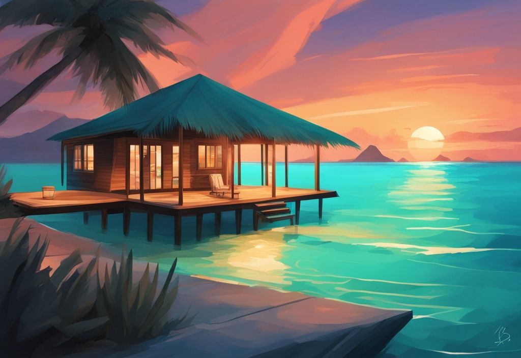 Moderner digitaler Malerei-Illustration eines Wasserbungalows in der Karibik bei Sonnenuntergang mit türkisfarbenem Meer.