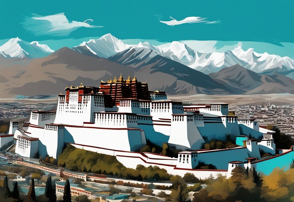 Moderne digitale Malerei des Potala-Palastes in Lhasa, umgeben von majestätischen Himalaya-Bergen unter klarem blauem Himmel, Hauptfarbe Türkis.