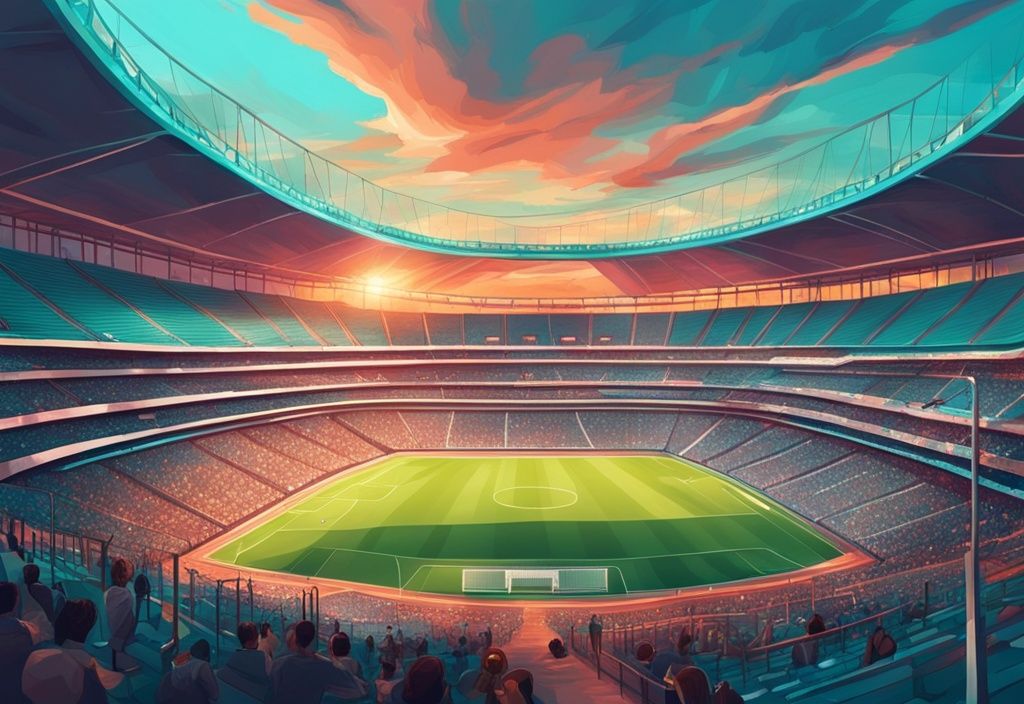 Modernes digitales Gemälde einer atemberaubenden Panoramaansicht eines architektonisch beeindruckenden Stadions bei Sonnenuntergang, Hauptfarbe Türkis.