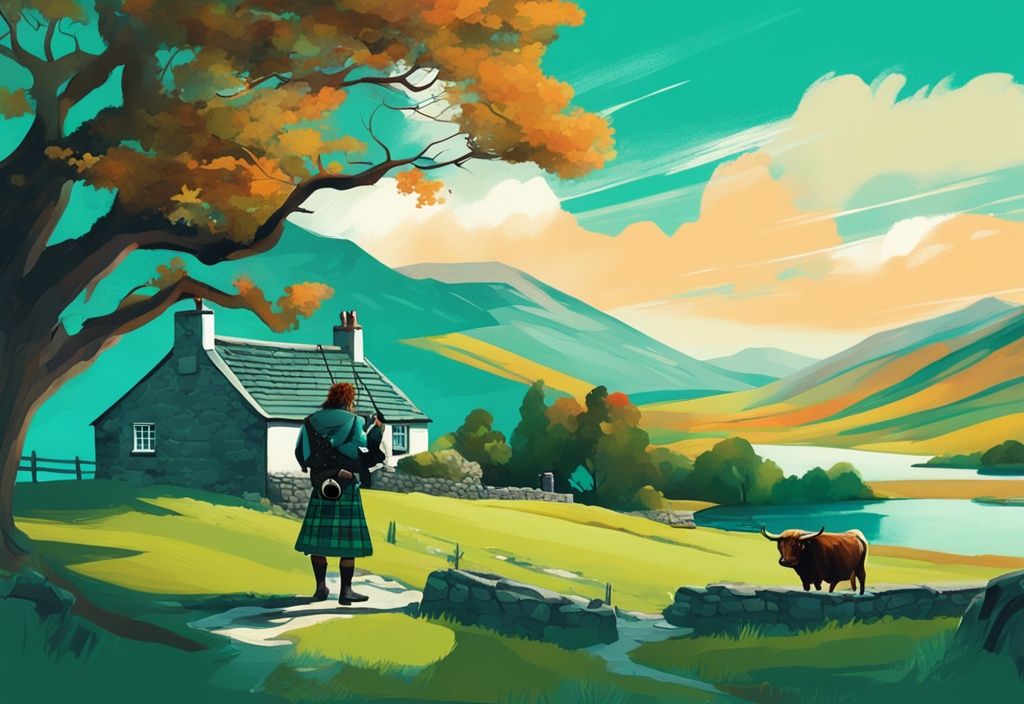 Typisch schottisch: Moderne digitale Malerei eines malerischen schottischen Landschaftsbildes mit grünen Highlands, einem traditionellen Steincottage mit Strohdach, einer weidenden Highland-Kuh und einem Mann im Kilt, der Dudelsack spielt, in der Hauptfarbe Türkis.