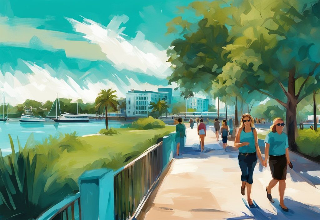 Moderne digitale Malerei des Bradenton Riverwalks mit türkisfarbenem Thema, Menschen im grünen Park und funkelndem Fluss unter blauem Himmel.