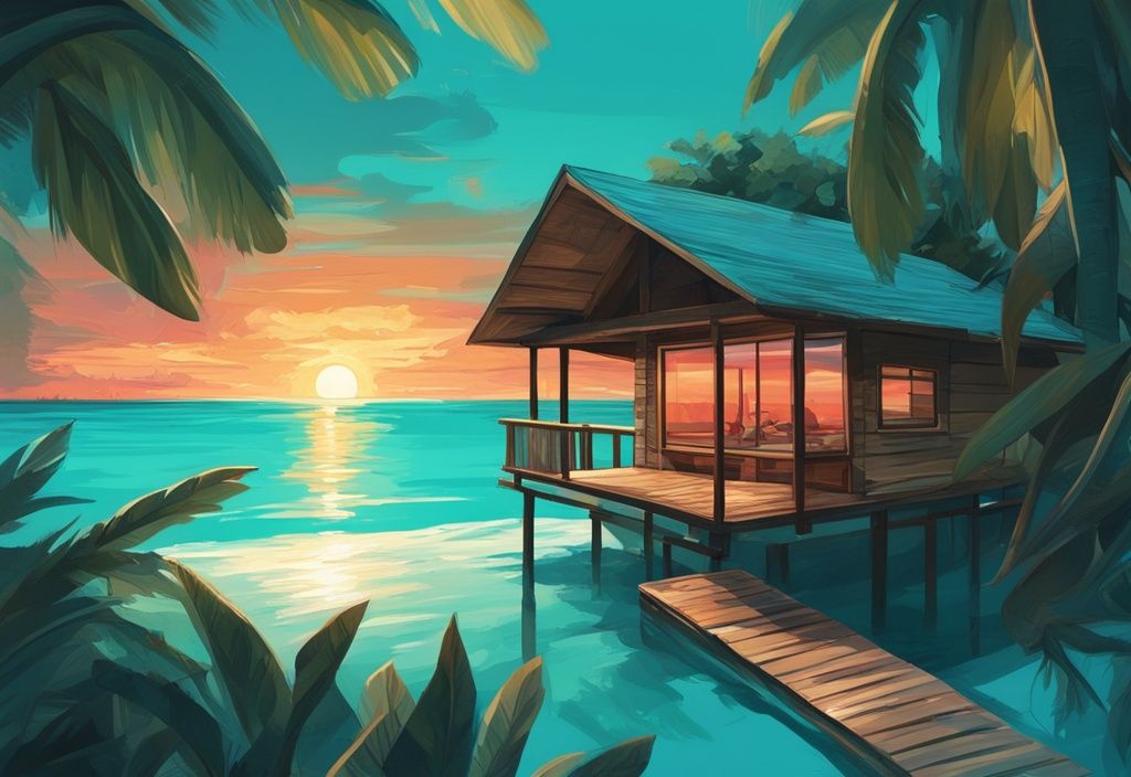 Moderne digitale Malerei eines hölzernen Wasserbungalows über dem kristallklaren Karibischen Meer bei Sonnenuntergang, umgeben von tropischem Grün, Hauptfarbe Türkis.