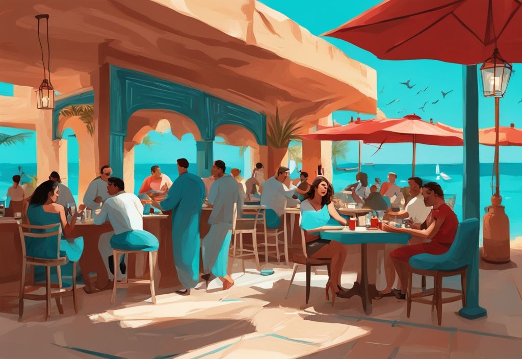 Moderne digitale Malerei von einem belebten Restaurant in El Gouna mit Gourmetgerichten und Menschen, die ihre Mahlzeit vor der Kulisse des Roten Meeres genießen, Hauptfarbe Türkis