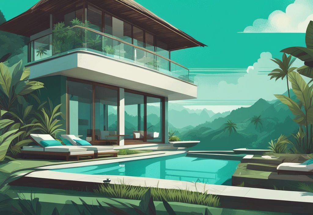 Luxuriöse Villa mit privatem Pool und Blick auf grüne Reisfelder in Bali, moderne digitale Illustration, bali unterkunft