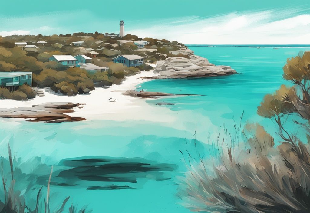 Moderne digitale Malerei von Rottnest Island mit türkisfarbenem Wasser, unberührten Stränden und ikonischen Quokkas in ihrer natürlichen Umgebung.