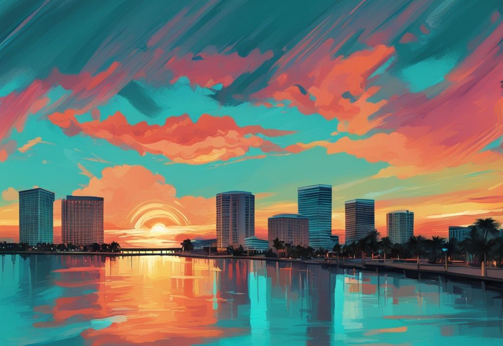 Moderne digitale Malerei mit türkisfarbenem Thema: Lebendiger Sonnenuntergang über dem Caloosahatchee River und Fort Myers Skyline im Hintergrund.