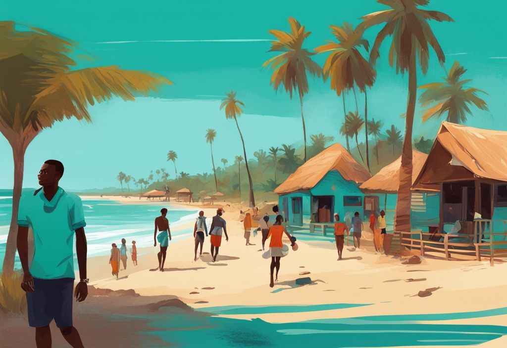 Moderne digitale Malerei-Illustration in Türkis, die Touristen am sonnigen Tag am Kotu-Strand zeigt, mit dem ikonischen Kachikally-Krokodilpool und traditionellen gambischen Hütten im Hintergrund; gambia urlaub