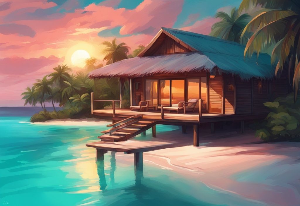 Moderner digitaler Gemäldedruck eines Wasserbungalows Karibik, eingebettet im kristallklaren Meer mit atemberaubendem Sonnenuntergang im Hintergrund, Hauptfarbthema Türkis.