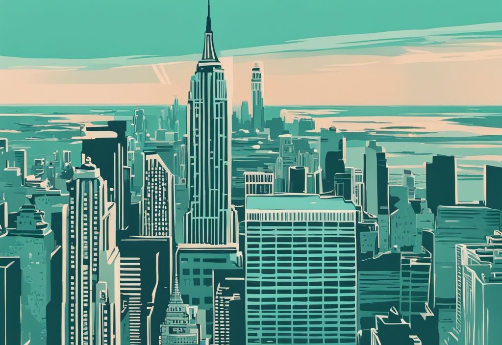 Moderne digitale Illustration des Empire State Buildings in Türkis, aus der Ferne betrachtet, mit einem klaren Referenzobjekt zur Betonung der empire state building höhe.