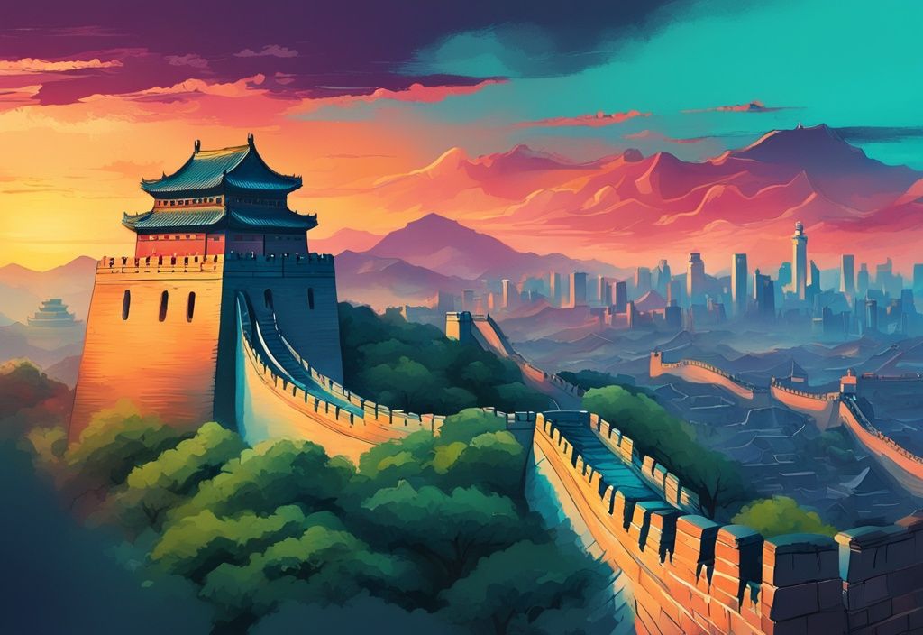 Panoramablick auf die Chinesische Mauer, die Verbotene Stadt und die Skyline von Shanghai bei Sonnenuntergang, moderne digitale Illustration, china sehenswürdigkeiten