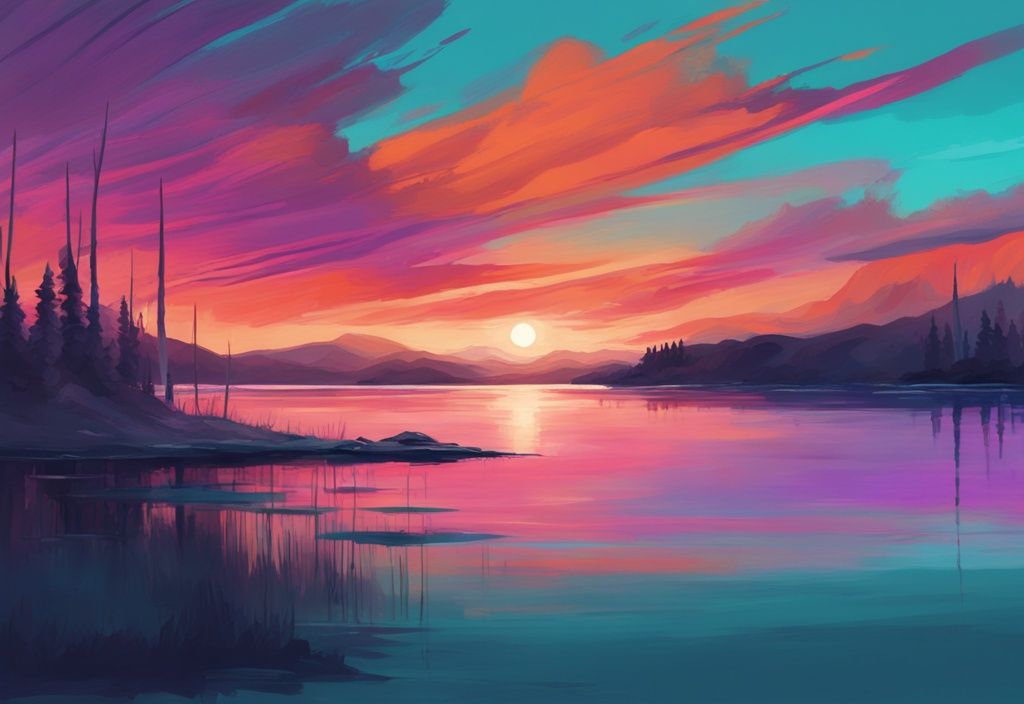 Moderne digitale Malerei mit türkisfarbenem Hauptthema, atemberaubender Sonnenuntergang mit orangefarbenen, rosa und lila Streifen am Himmel, die sich auf einem ruhigen See spiegeln.