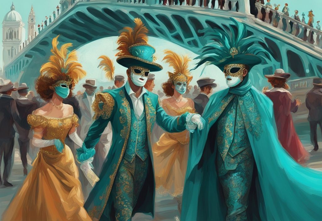 Moderne digitale Malerei von maskierten Feiernden in aufwendigen Kostümen, die während des Venedig Karneval auf den kunstvollen Brücken von Venedig tanzen, Hauptfarbe Türkis.