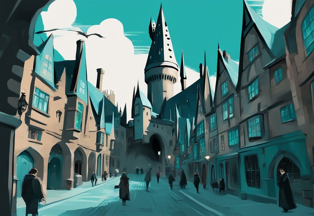 Moderne digitale Malerei mit türkisfarbenem Thema, die das ikonische Hogwarts Schloss, die magische Winkelgasse und das malerische Dorf Hogsmeade zeigt, berühmte Harry Potter Drehorte.