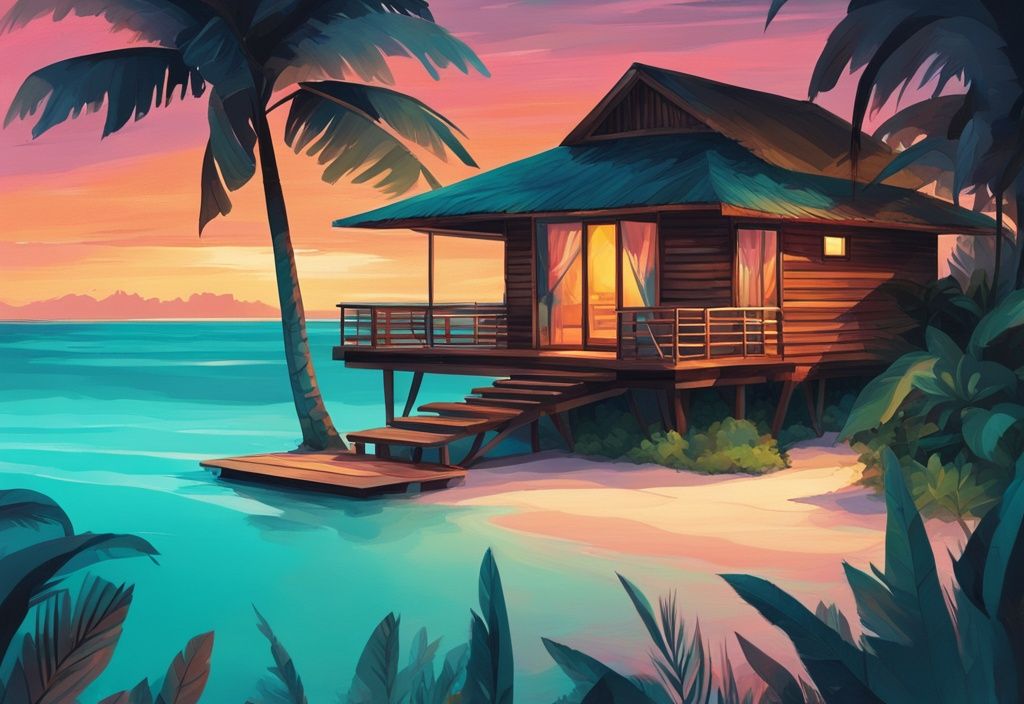 Moderne digitale Malerei eines Holz-Wasserbungalows über dem kristallklaren Karibikmeer, eingerahmt von einem lebhaften Sonnenuntergang und üppiger tropischer Vegetation, mit Hauptfarbthema Türkis.