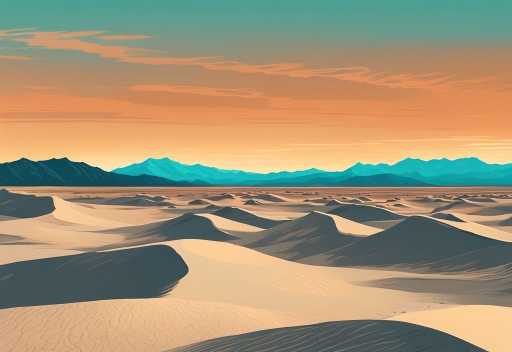 Panoramablick auf den Sonnenuntergang über der kargen Landschaft des Death Valley National Park mit dramatischen Sanddünen und zerklüfteten Bergen, modernes digitales Gemälde in Türkis.