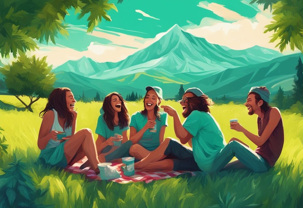 Digitale Malerei, Freunde lachen und genießen ein Picknick in einem üppigen, grünen Cannabisfeld vor einer malerischen Bergkulisse, Hauptfarbe Türkis