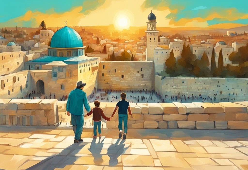 Moderne digitale Malerei, Familie erkundet die historische Klagemauer in Jerusalem bei Sonnenuntergang, Hauptfarbthema Türkis