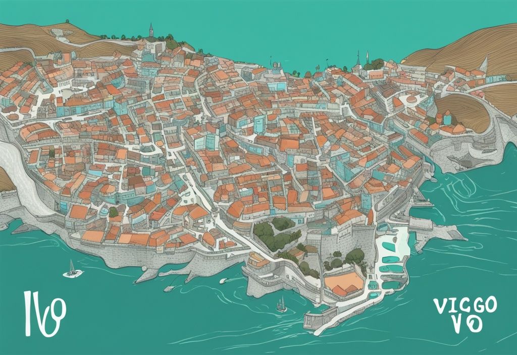 Moderne digitale Illustration einer handgezeichneten Karte von Vigo in Türkis, die versteckte Schätze und unbekannte Orte der Stadt zeigt.