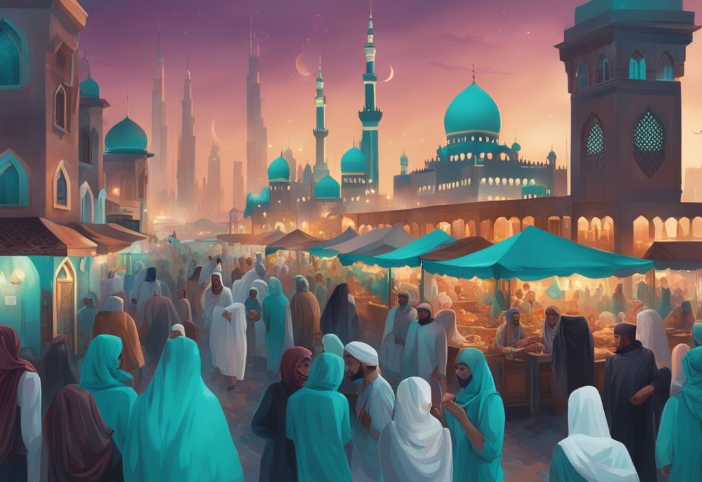 Moderne digitale Malerei von Dubai bei Dämmerung während Ramadan 2024, mit beleuchteten Moscheen, lebhaften Basaren und Menschen, die sich auf das abendliche Iftar vorbereiten, in Türkisfarben.