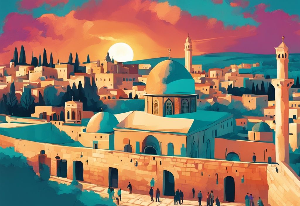 Moderne digitale Malerei einer lebhaften Sonnenuntergangsszene über der historischen Stadt Jerusalem mit Touristen, die die antiken Stätten erkunden, Hauptfarbe Türkis, israel urlaub.