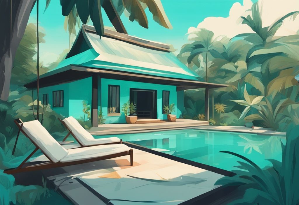 Moderne digitale Malerei einer thailändischen Villa mit tropischem Garten, Hängematte und einladender offener Tür in Türkis, symbolisiert Airbnb-Erlebnis in Thailand