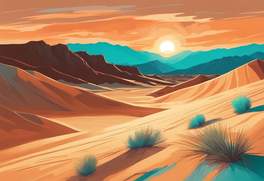 Moderne digitale Malerei, Sonnenuntergang über Death Valley National Park, türkisfarbenes Thema, Sanddünen und Berge im warmen, orangefarbenen Licht.