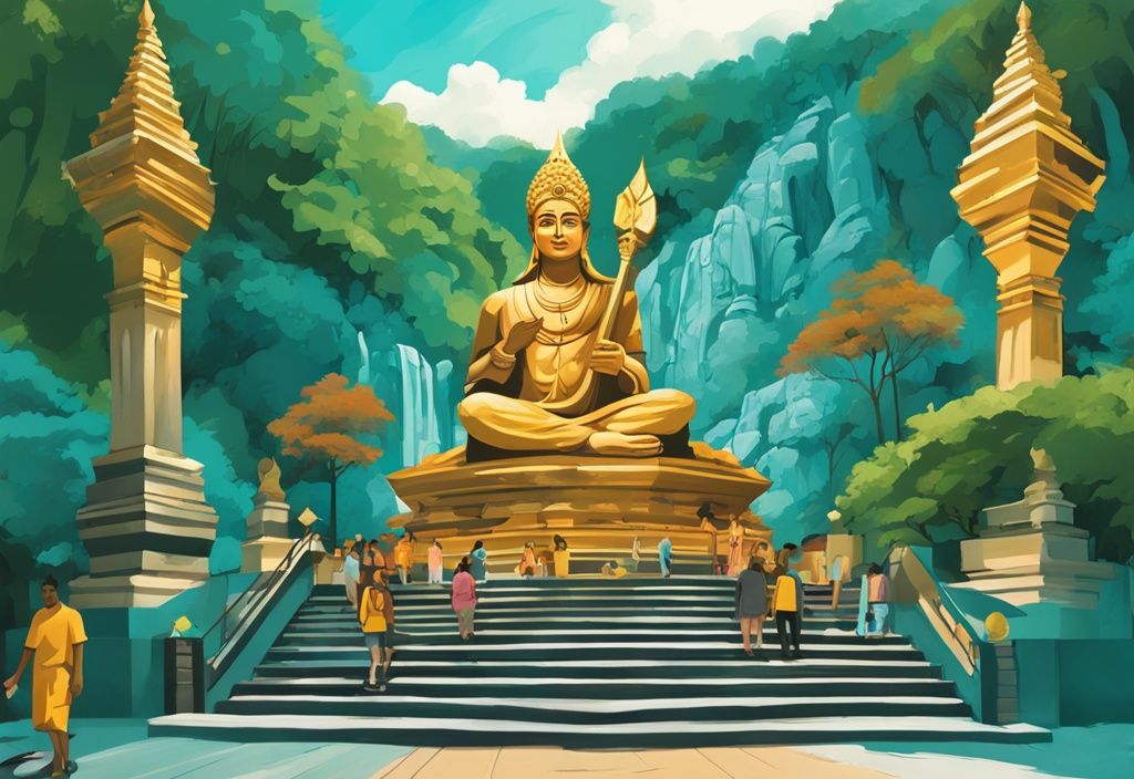 Panoramablick auf die ikonischen Batu Caves in Kuala Lumpur mit der goldenen Statue von Lord Murugan, bunten Treppen und üppigem Grün.