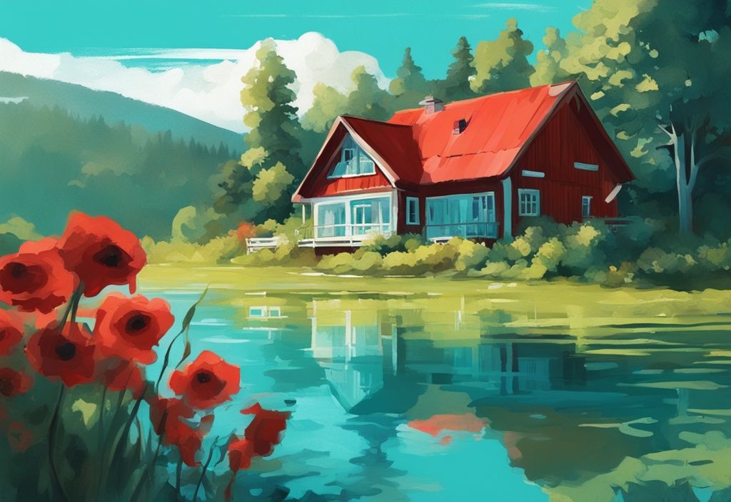 Moderne digitale Malerei: Traditionelles rotes schwedisches Ferienhaus inmitten üppiger grüner Landschaft, mit einem glitzernden blauen See im Hintergrund unter der warmen Sommersonne; Sommer in Schweden.