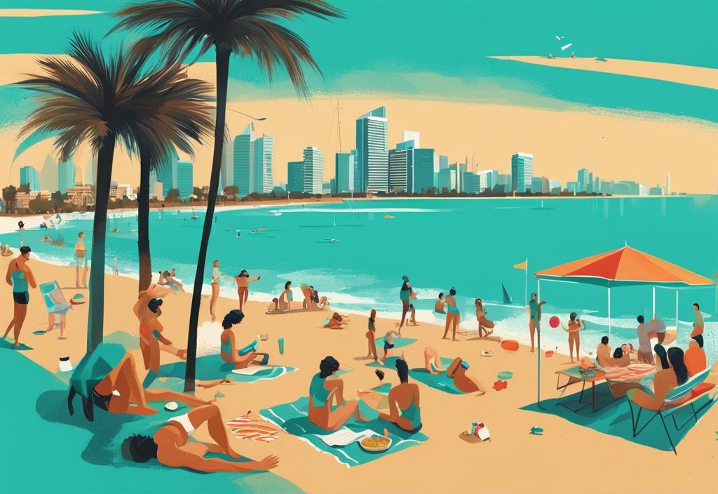 Moderne digitale Malerei einer lebhaften Strandszene in Tel Aviv mit türkisfarbenem Farbschema, Menschen beim Sonnenbaden und Beachvolleyball, ikonische Skyline im Hintergrund, Familie beim Picknick unter einer Palme.