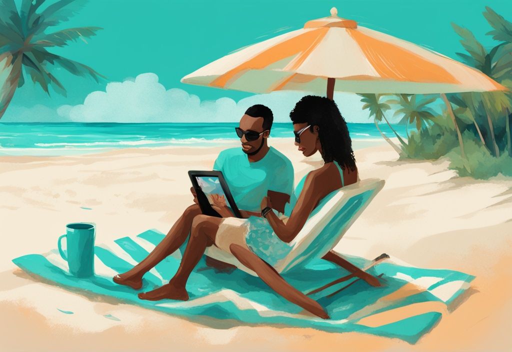 Modernes digitales Gemälde eines Paares, das an einem makellosen Strand von Barbados entspannt, wobei einer von ihnen ein Tablet mit einer Fünf-Sterne-Bewertung ihres Urlaubs zeigt - barbados urlaub erfahrungsberichte.