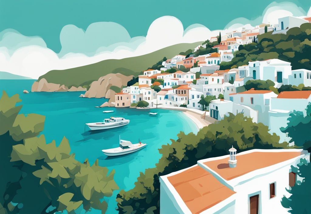 Moderne digitale Malerei der griechischen Insel Skopelos mit weißen Häusern, kristallklarem Wasser und üppigem Grün, wo wurde Mamma Mia gedreht.