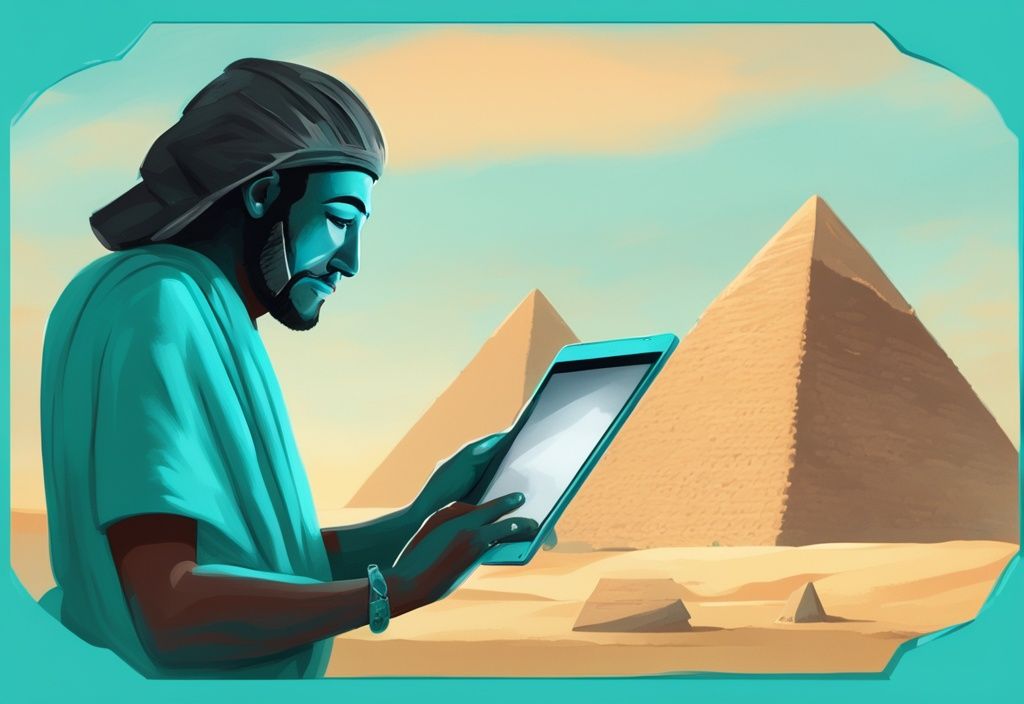 Besorgter Reisender liest TUI Reisewarnung für Ägypten auf Tablet, mit Pyramiden und Sphinx im Hintergrund