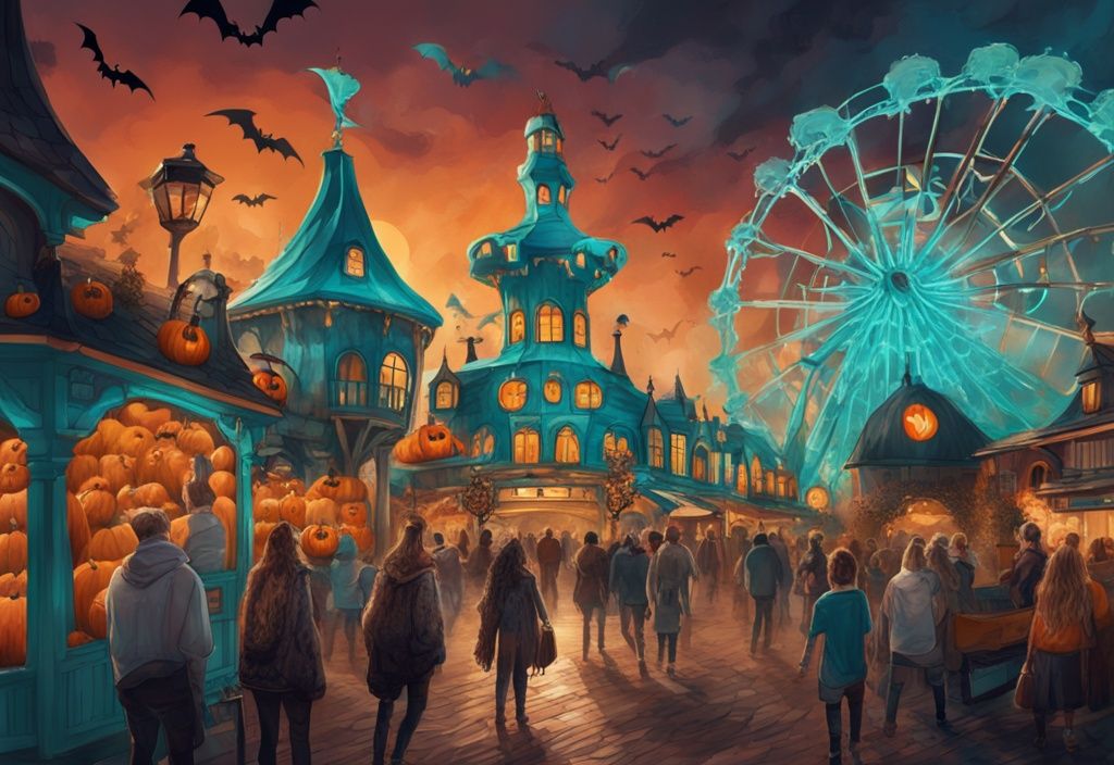 Halloween 2023 im EuropaPark: Moderne digitale Illustration mit türkisfarbenem Thema, geschnitzten Kürbissen, verkleideten Besuchern und gruseligen Fahrgeschäften.