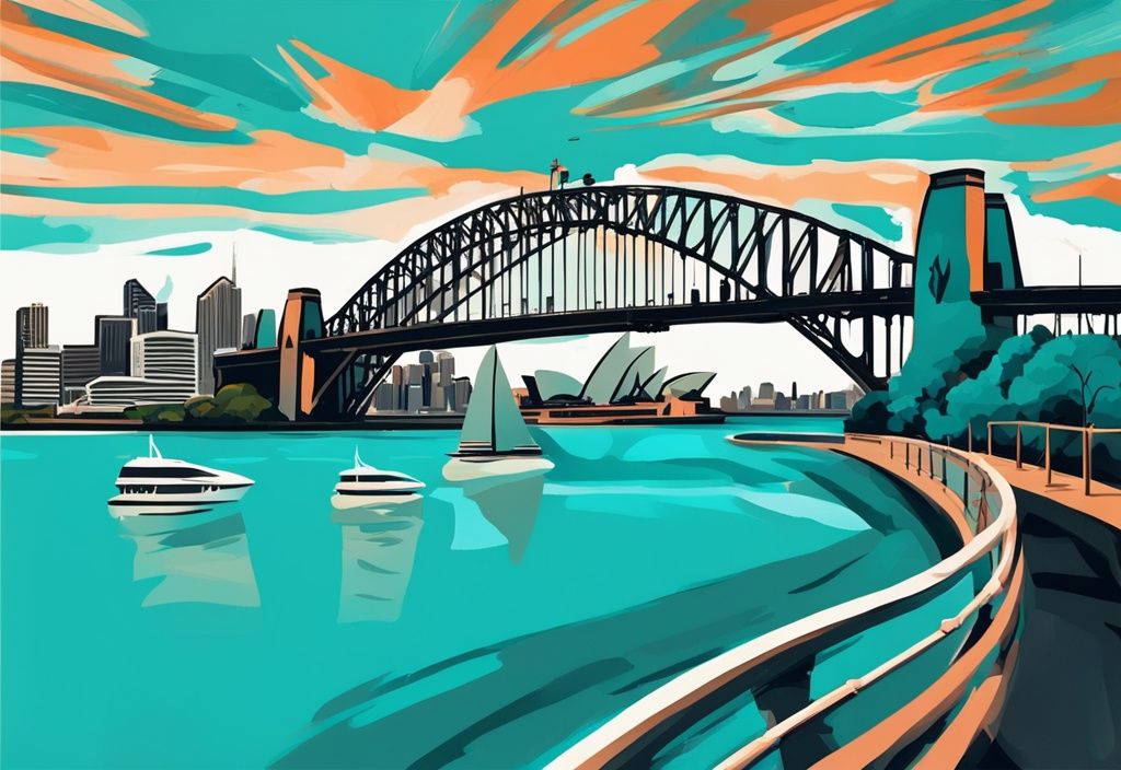 Moderne digitale Malerei mit Sydney Opernhaus und Harbour Bridge, türkisfarbenes Farbschema, lebhaftes Stadtleben im Hintergrund.