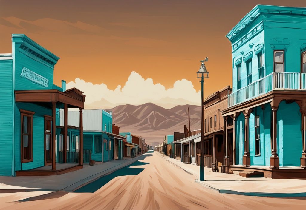 Moderne digitale Malerei von Tombstone, Arizona: Panoramablick auf die historischen Holzhäuser und staubigen Straßen vor einer Wüstenlandschaft in Türkis.